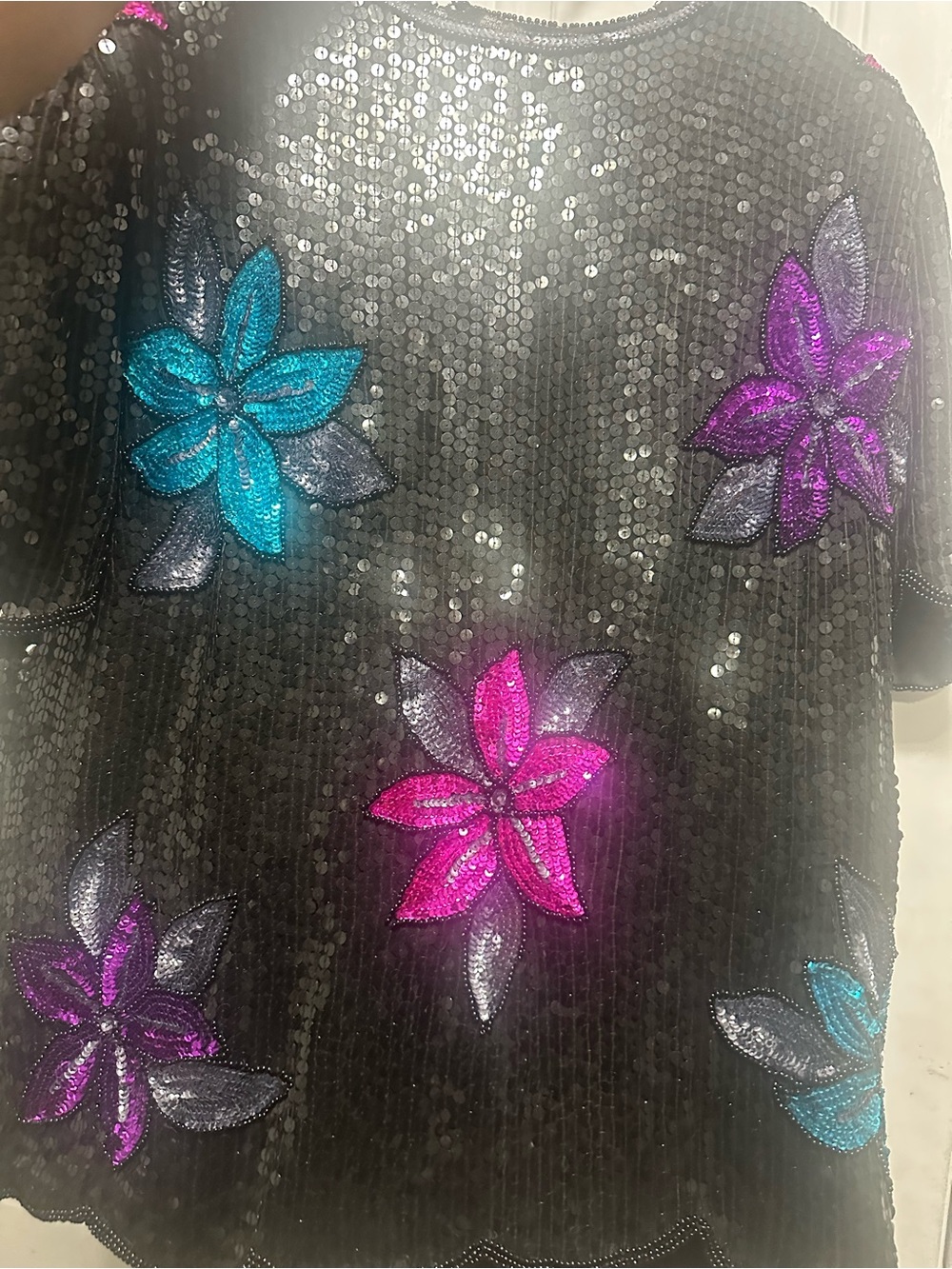 Black Sequin Top with Teal, Fuchsia & Purple Floral Appliqués  VINTAGE